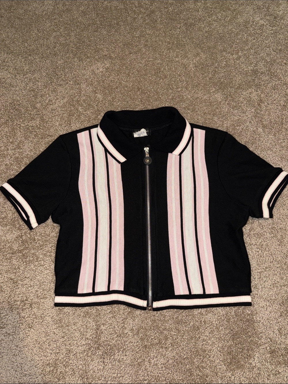 Ripe Vintage Black Crop Top with Pink and White Stripes - Medium. G